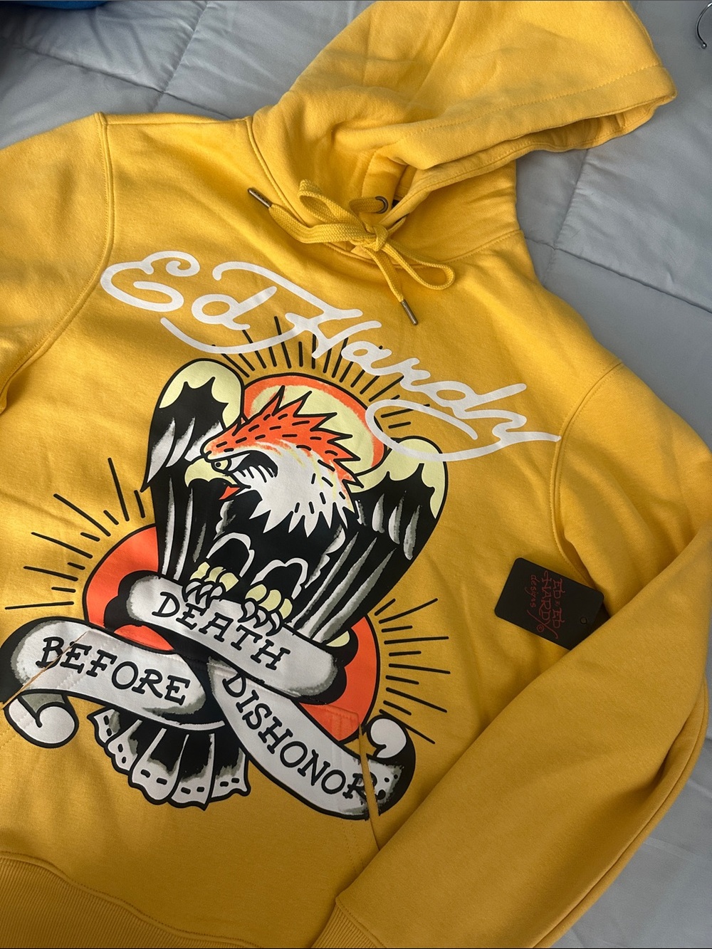 Ed Hardy Yellow Pullover Hoodie with Bold Eagle Graphic
